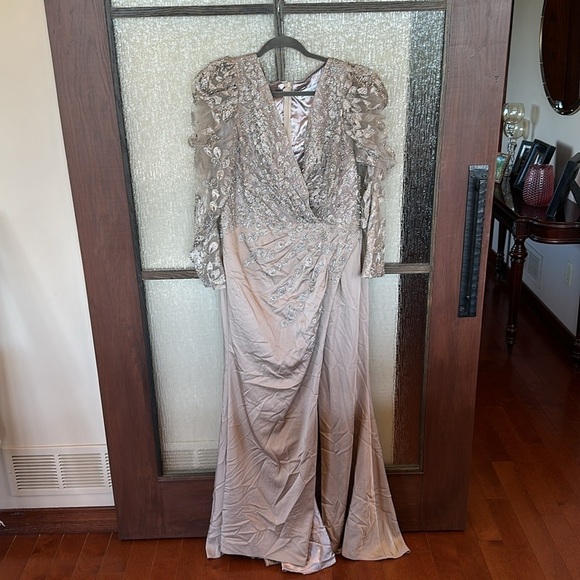 Mac Duggal 20346 Embellished Faux Wrap Illusion Puff Sleeve Gown Taupe 14 - Picture 6 of 13
